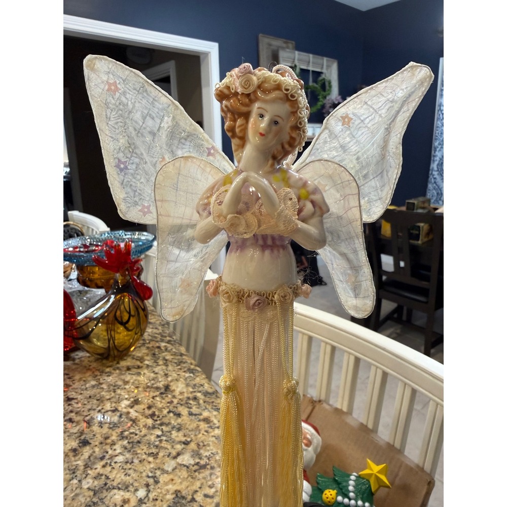 Vintage Style Porcelain Fairy Figurine Tassel Skirt Star Wings 12.5 Inch Decor